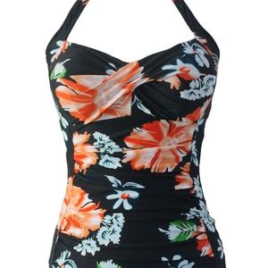 Coral Floral  Black Vintage Halter Sheath Swimsuit